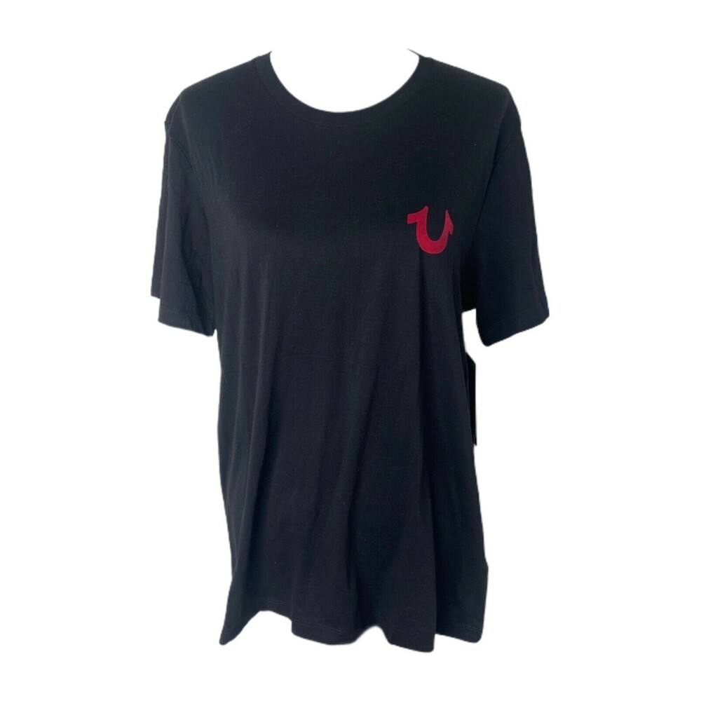 True Religion Men’s Shirt Black and Red Felt Logo Buddha Short Sleeve Crewneck